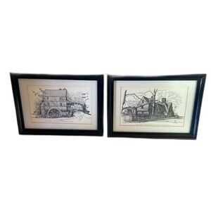 Pair of Clark M. Goff Etched Picture Framed Original Art Prints Signed 1970’s